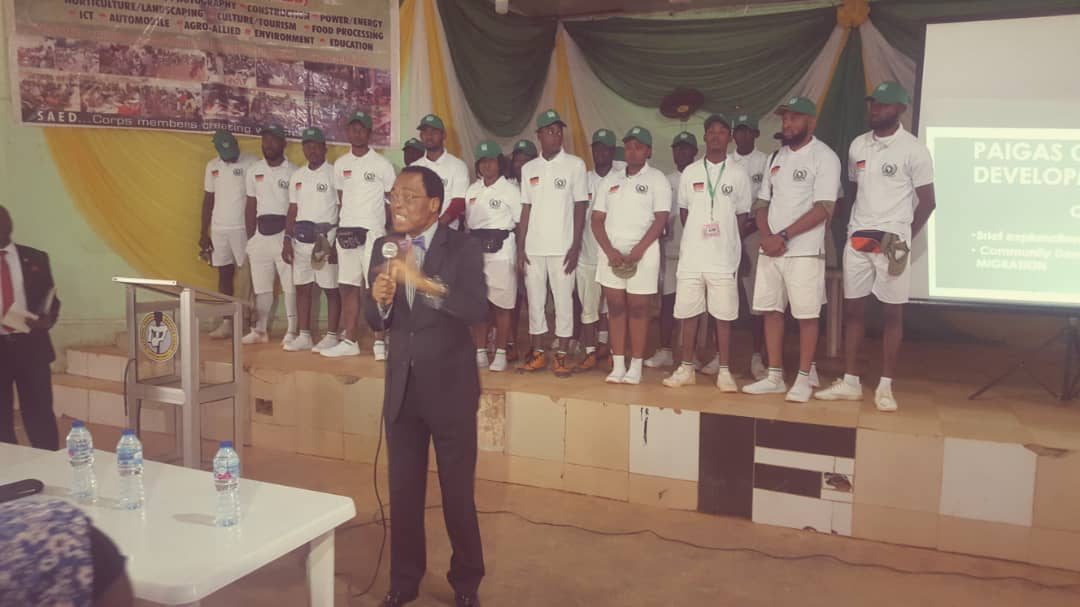 The President of PAIGAS Ambassador Martin Uhomoibhi Sensitizing Youth Corps members on stemming the tides of Irregular Migration in F.C.T. Abuja NYSC Orientation Camp, Kubwa.