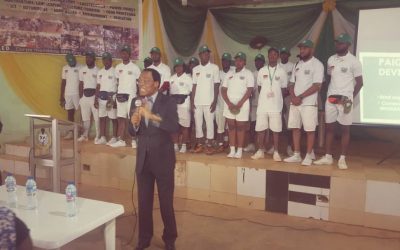 The President of PAIGAS Ambassador Martin Uhomoibhi Sensitizing Youth Corps members on stemming the tides of Irregular Migration in F.C.T. Abuja NYSC Orientation Camp, Kubwa.